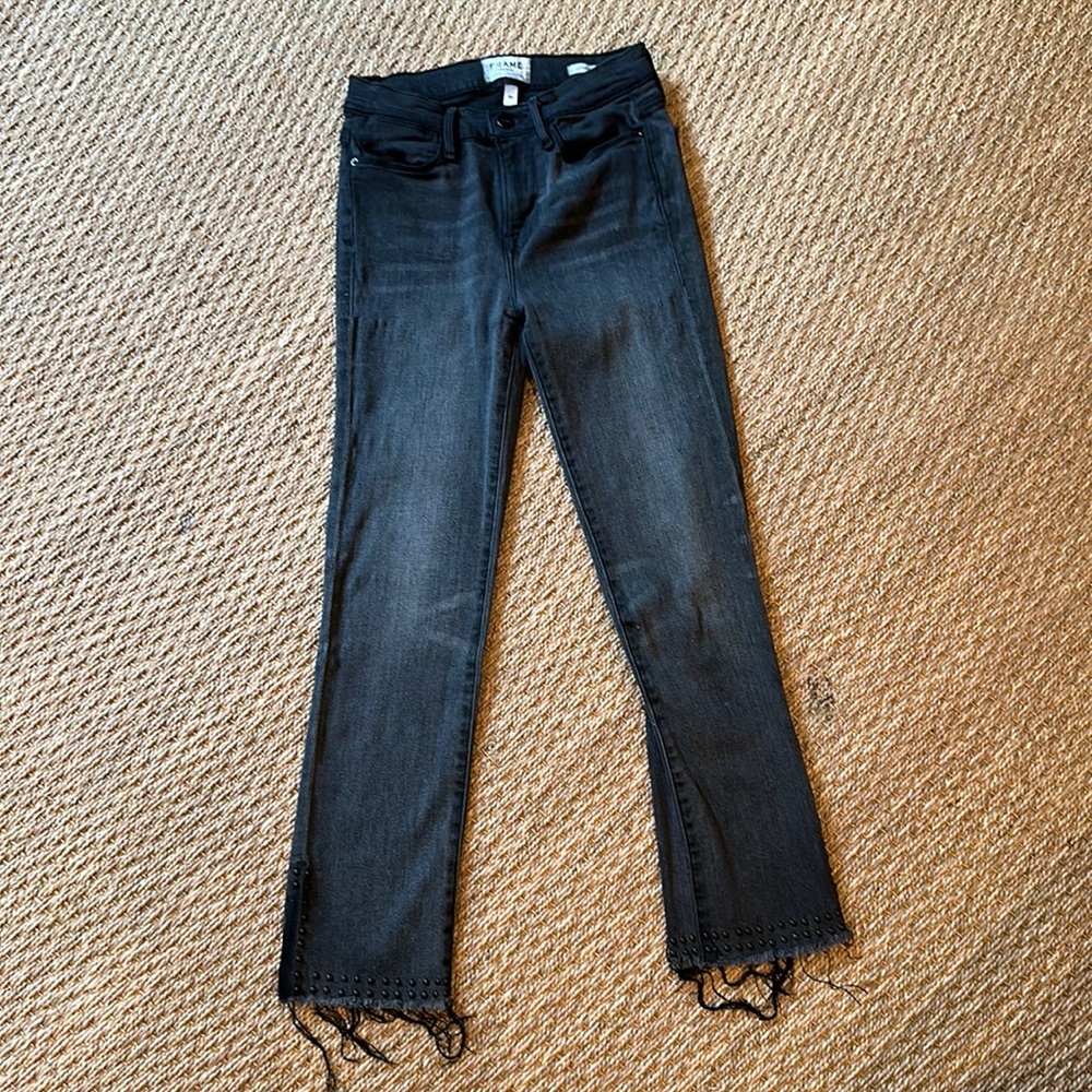Frame Denim Jeans Frame Le High Straight Jeans In Grizzly Wash Studded Raw Hem